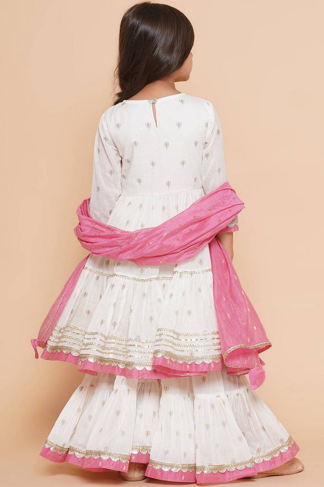 Girl's White Ethnic Motifs Printed Cotton Kurta Set
