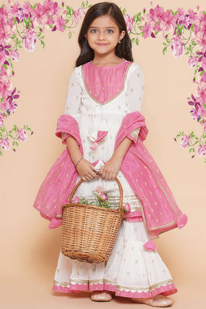 Girl's White Ethnic Motifs Printed Cotton Kurta Set
