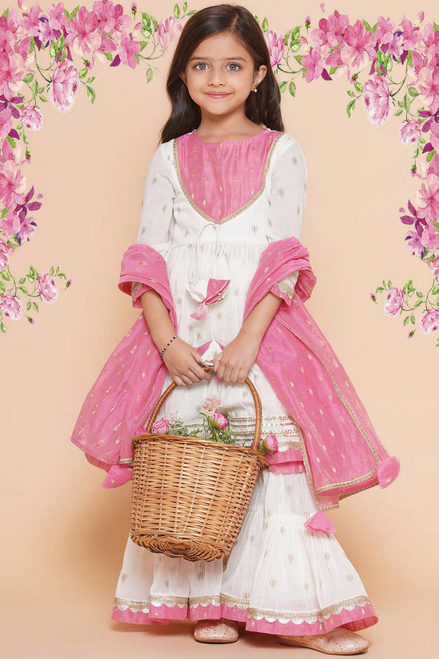 Girl's White Ethnic Motifs Printed Cotton Kurta Set