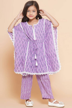 Girl's Violet Printed Cotton Kurta Set