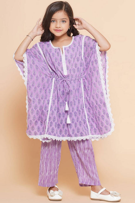 Girl's Violet Printed Cotton Kurta Set