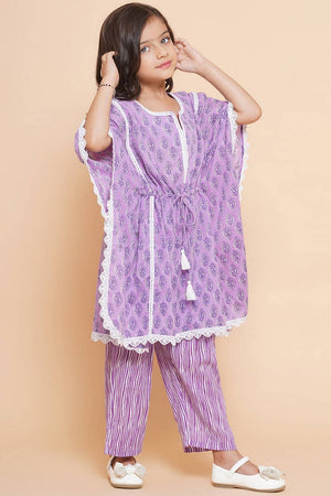 Girl's Violet Printed Cotton Kurta Set
