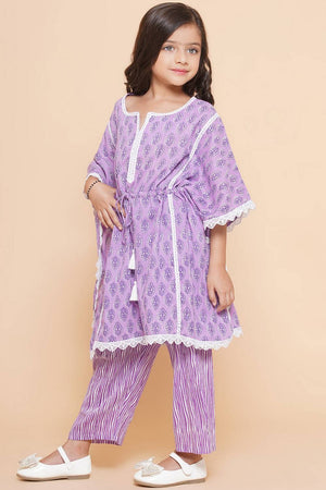 Girl's Violet Printed Cotton Kurta Set