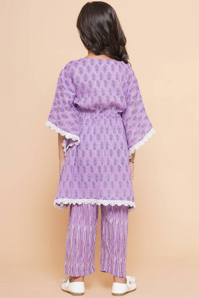 Girl's Violet Printed Cotton Kurta Set