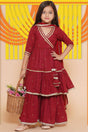 Girl's Maroon Ethnic Motifs Foil Printed Cotton Kurta Set