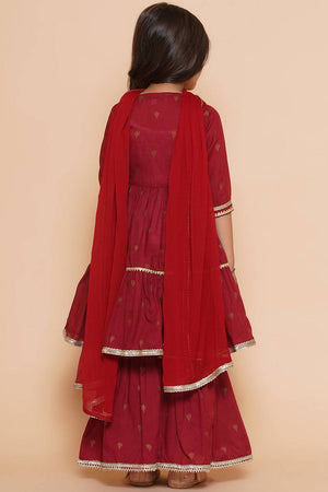 Girl's Maroon Ethnic Motifs Foil Printed Cotton Kurta Set