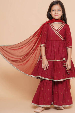 Girl's Maroon Ethnic Motifs Foil Printed Cotton Kurta Set