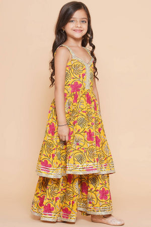 Girl's Yellow Floral Printed Cotton Kurta Set