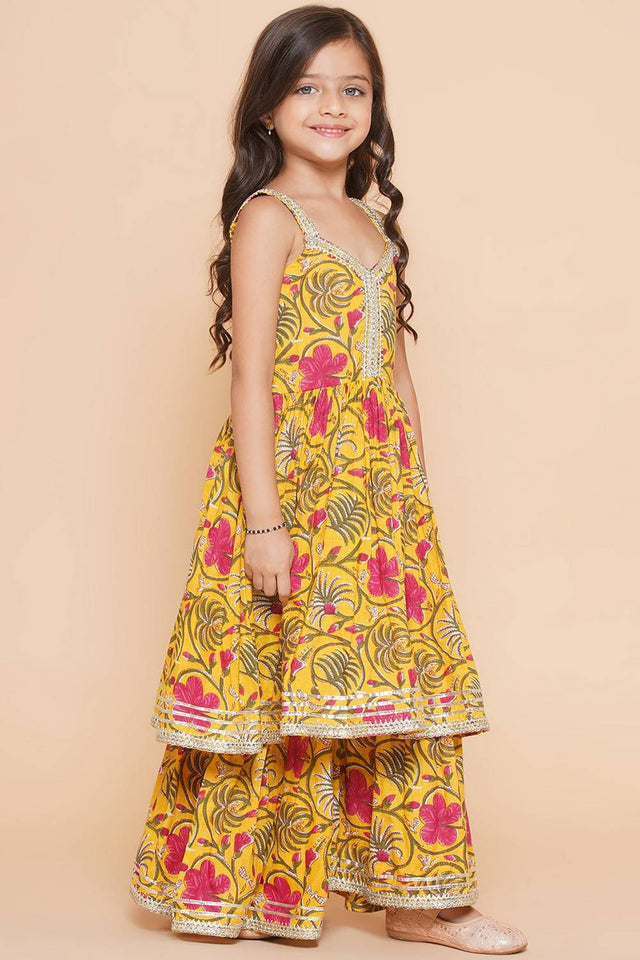 Girl's Yellow Floral Printed Cotton Kurta Set