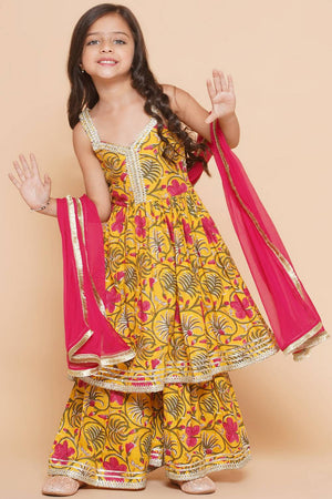 Girl's Yellow Floral Printed Cotton Kurta Set