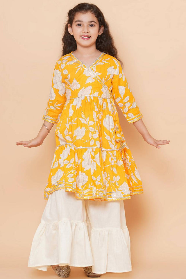 Girl's Yellow Floral Printed Cotton Kurta Set