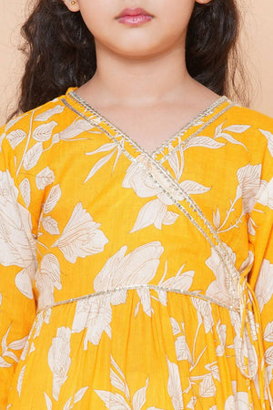 Girl's Yellow Floral Printed Cotton Kurta Set