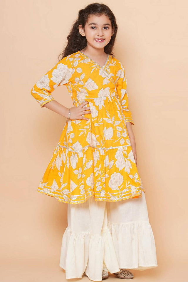 Girl's Yellow Floral Printed Cotton Kurta Set
