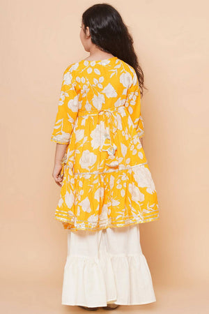 Girl's Yellow Floral Printed Cotton Kurta Set