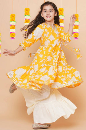 Girl's Yellow Floral Printed Cotton Kurta Set
