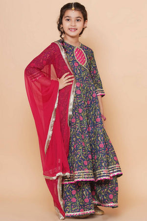 Girl's Blue Floral Printed Cotton Kurta Set