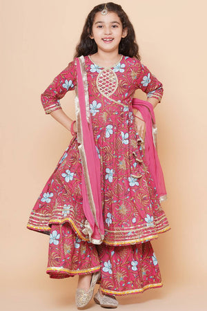 Girl's Peach Floral Printed Cotton Kurta Set
