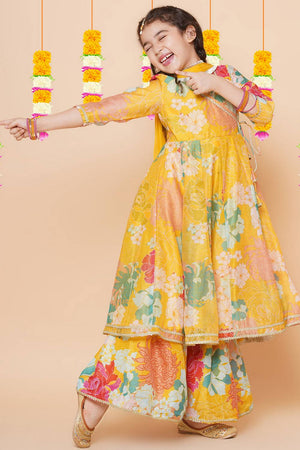 Girl's Yellow Floral Printed Silk Kurta Set