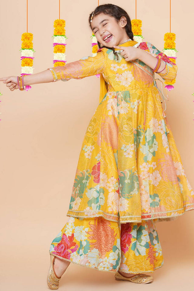 Girl's Yellow Floral Printed Silk Kurta Set