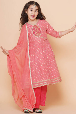 Girl's Peach Woven Silk Kurta Set