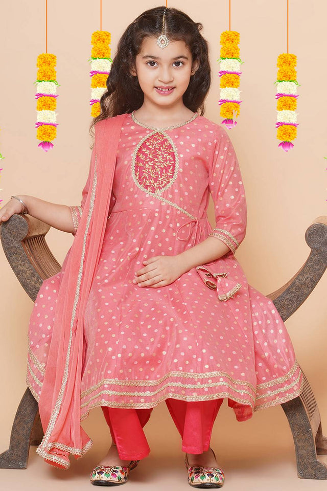 Girl's Peach Woven Silk Kurta Set