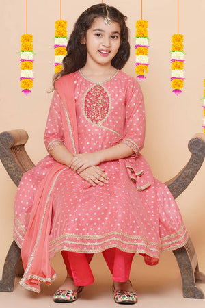 Girl's Peach Woven Silk Kurta Set