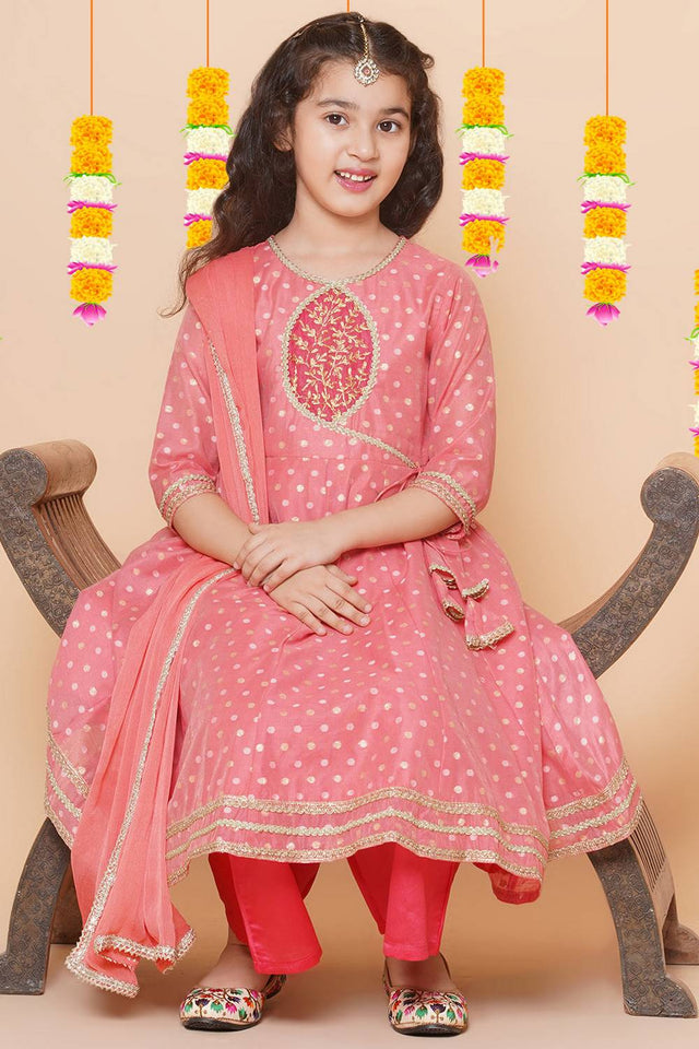 Girl's Peach Woven Silk Kurta Set