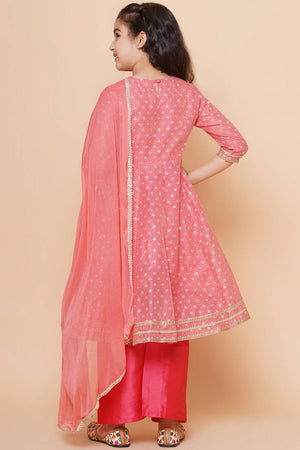Girl's Peach Woven Silk Kurta Set