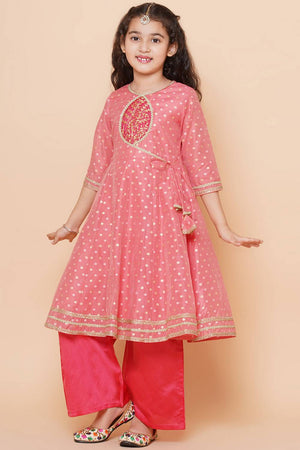 Girl's Peach Woven Silk Kurta Set