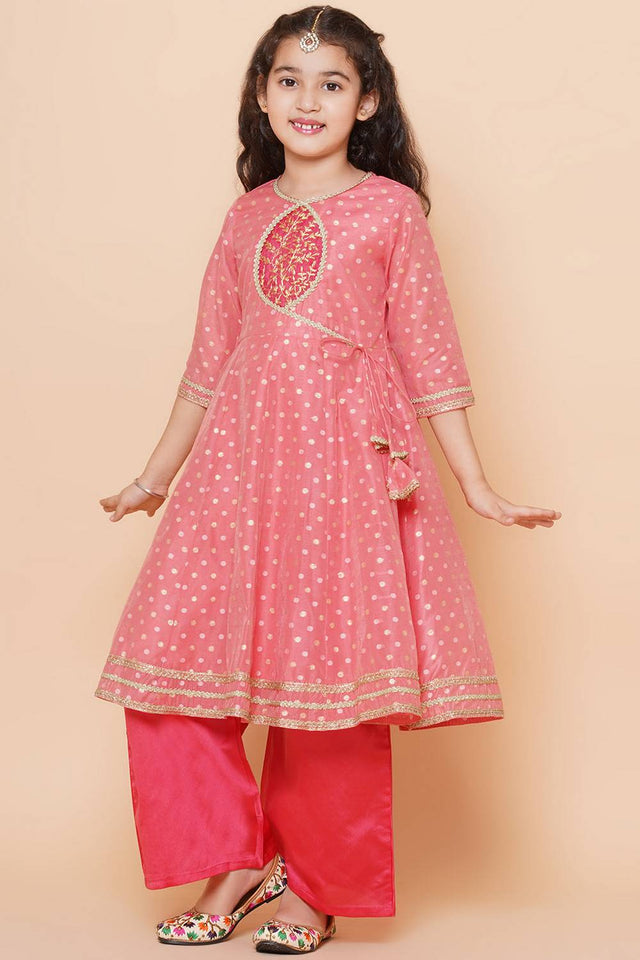 Girl's Peach Woven Silk Kurta Set