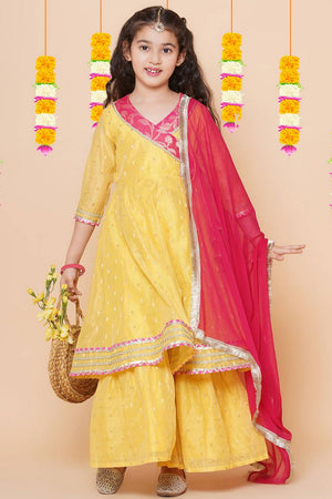 Girl's Yellow Woven Silk Kurta Set