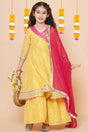 Girl's Yellow Woven Silk Kurta Set