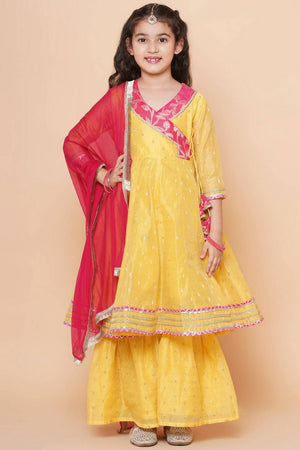 Girl's Yellow Woven Silk Kurta Set