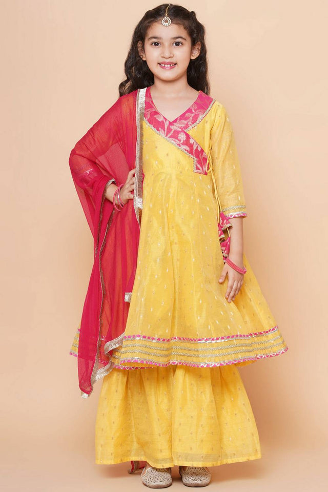 Girl's Yellow Woven Silk Kurta Set