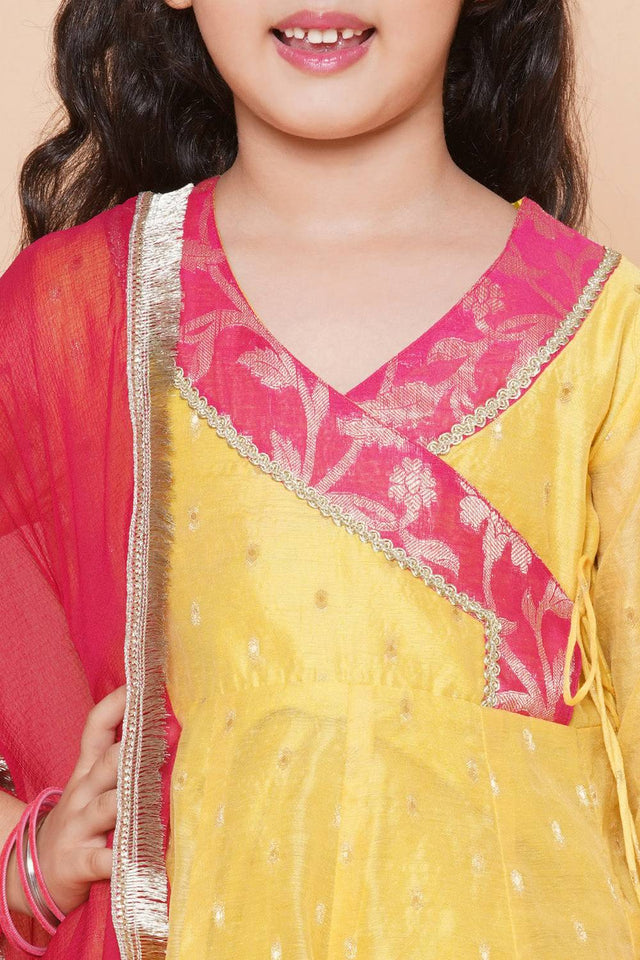 Girl's Yellow Woven Silk Kurta Set