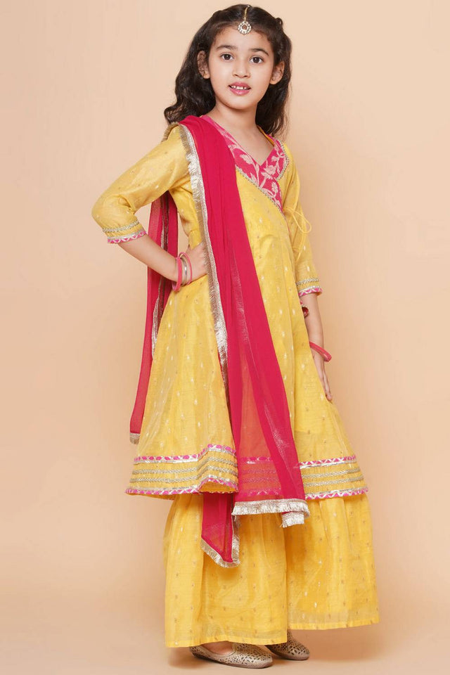 Girl's Yellow Woven Silk Kurta Set