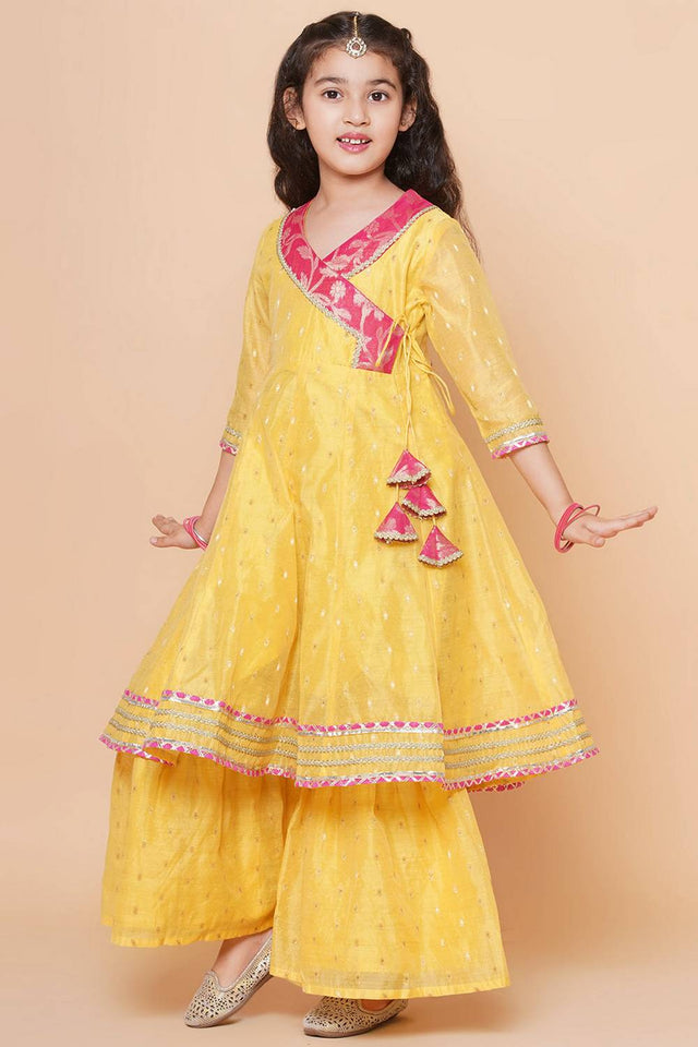 Girl's Yellow Woven Silk Kurta Set
