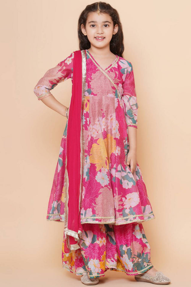Girl's Pink Floral Printed Silk Kurta Set