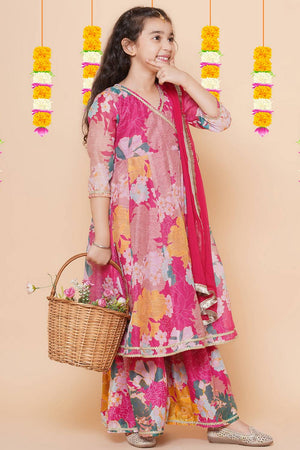 Girl's Pink Floral Printed Silk Kurta Set