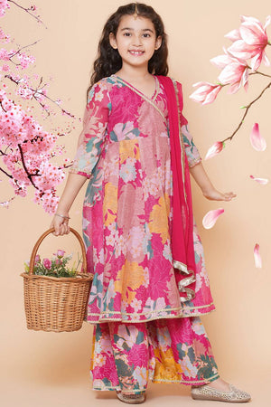Girl's Pink Floral Printed Silk Kurta Set