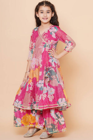 Girl's Pink Floral Printed Silk Kurta Set