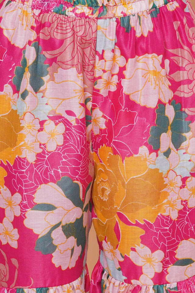 Girl's Pink Floral Printed Silk Kurta Set