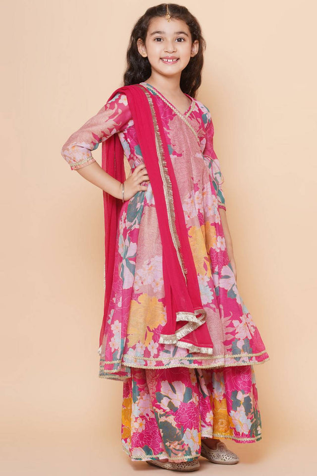 Girl's Pink Floral Printed Silk Kurta Set