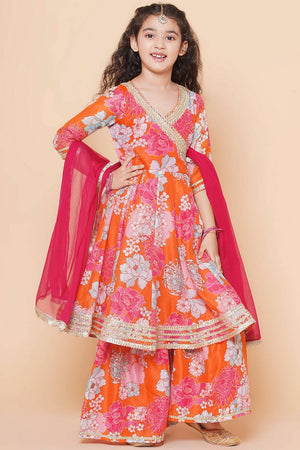 Girl's Orange Floral Printed Silk Kurta Set