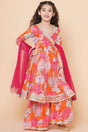 Girl's Orange Floral Printed Silk Kurta Set