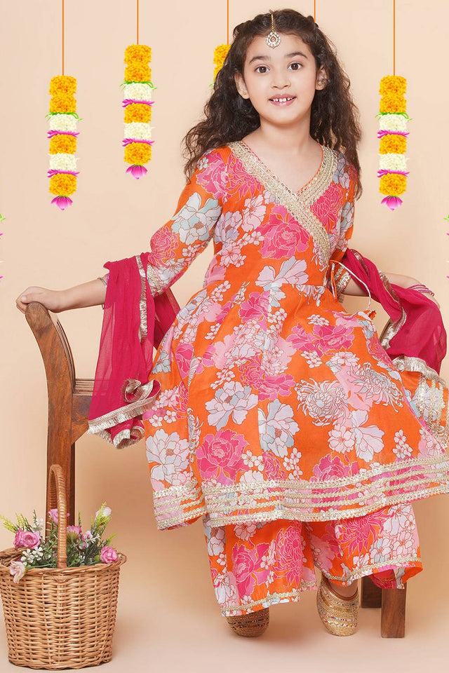 Girl's Orange Floral Printed Silk Kurta Set