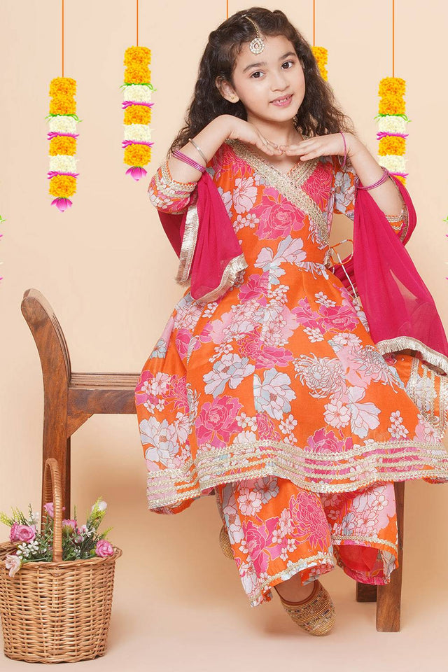 Girl's Orange Floral Printed Silk Kurta Set
