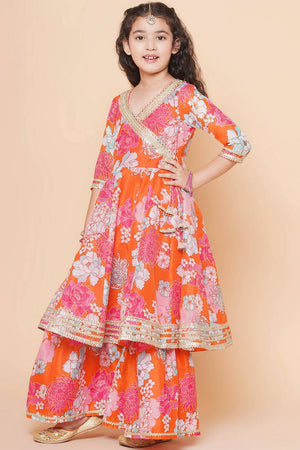 Girl's Orange Floral Printed Silk Kurta Set