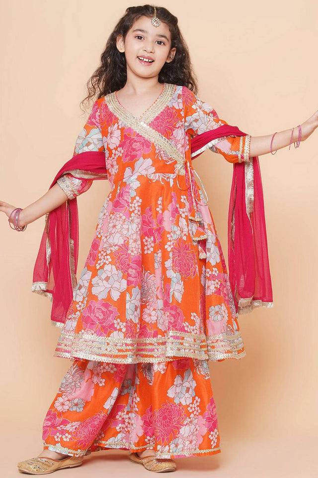 Girl's Orange Floral Printed Silk Kurta Set