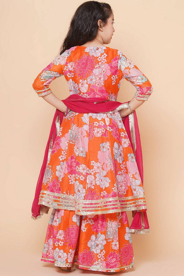 Girl's Orange Floral Printed Silk Kurta Set